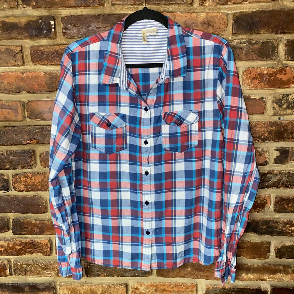 Passport Red White Blue Plaid Long Sleeve button Down Shirt Women's Size XL